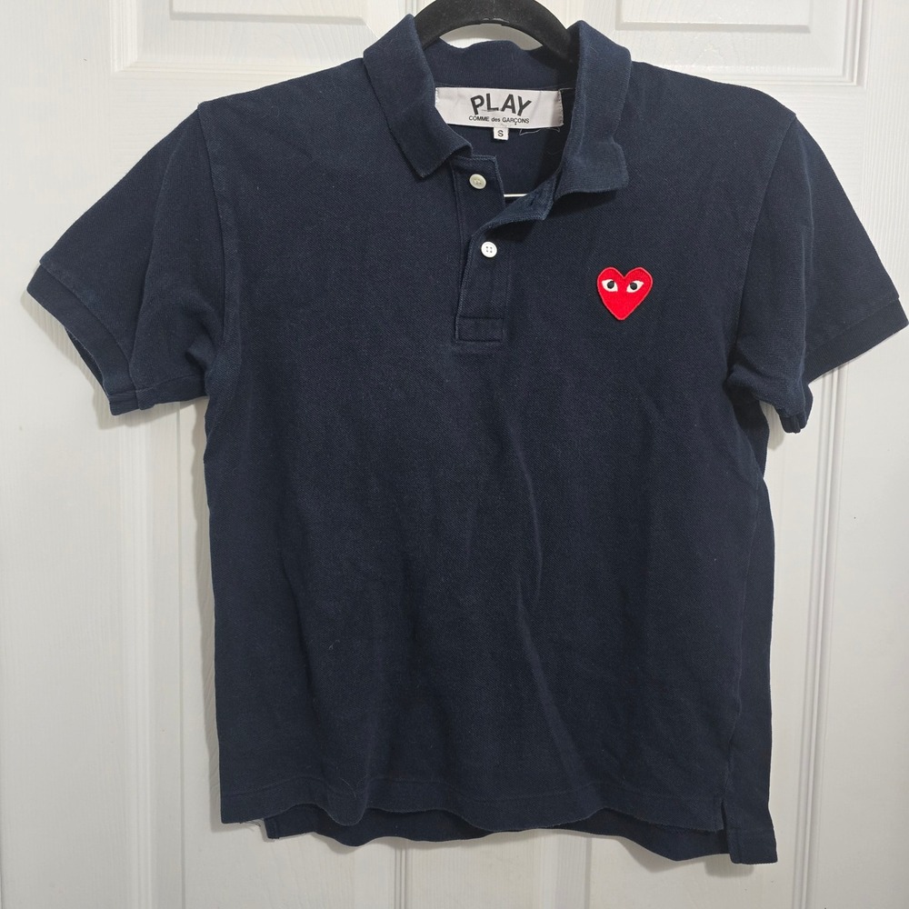 Comme des Garcons Play Navy Blue Red Heart Logo‎ Polo Shirt Womens Small